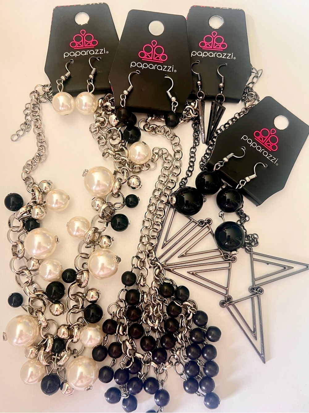 Lot of 3 paparazzi Black White Pearl Cluster Silver Tone Necklace Earrings Set